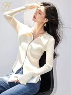 H Han Queen Elegant Basic Cardigan Sweaters Simple Fashion Zip Knitwear Women Long Sleeve Sweater Reviews Many Clothes Outer
