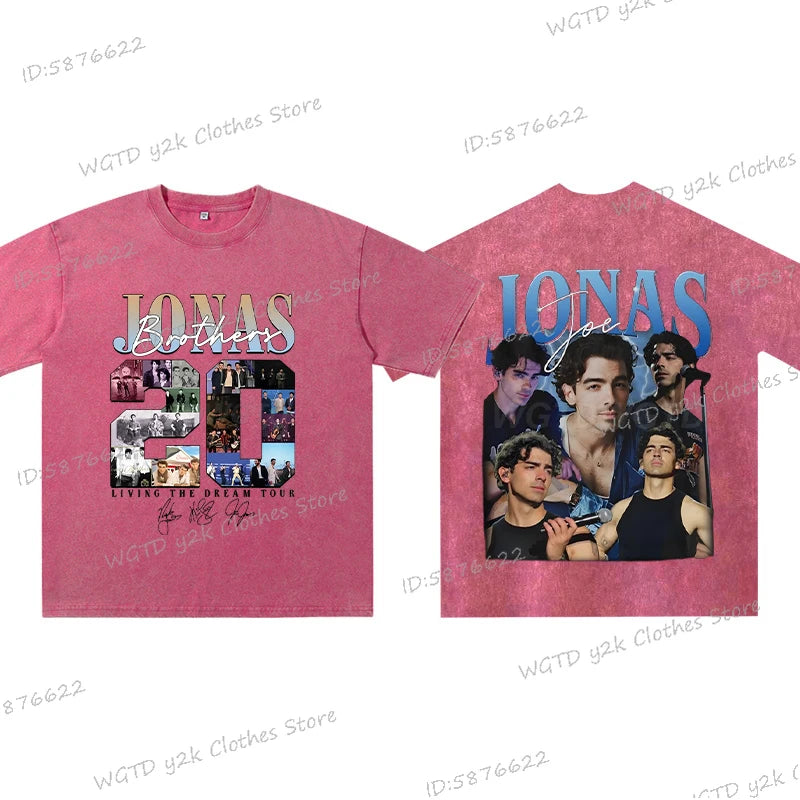Vintage Jonas Bros 20th Annivesary Tour 2025 Print T-Shirt Short Sleeve Washed Tee Summer Women Men Shirt Casual Cotton Clothing