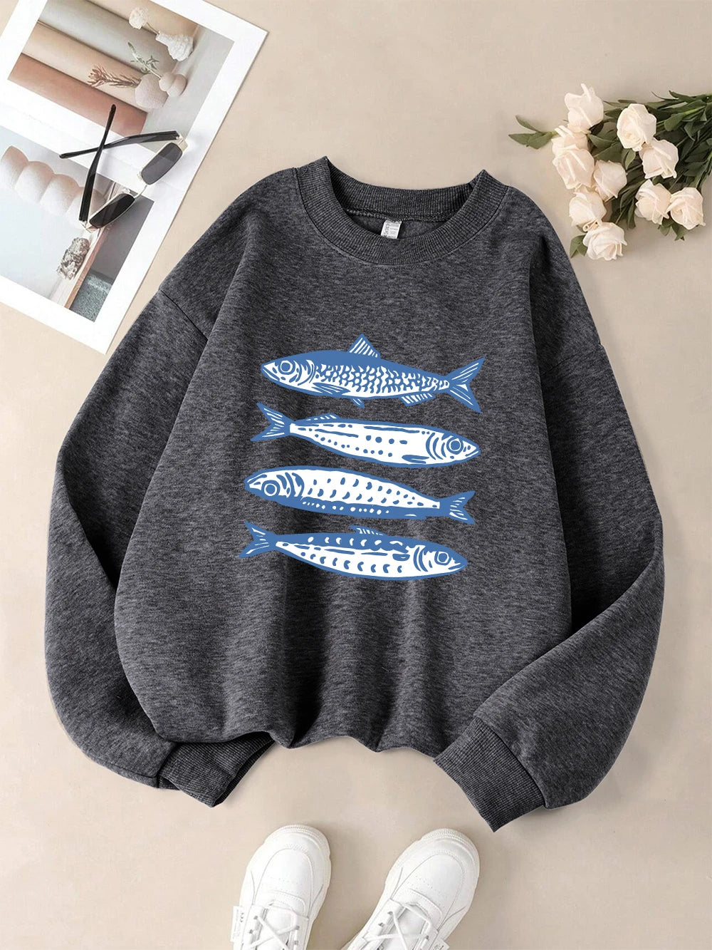Sardines Blue Printing Sweatshirts Womens Crewneck Basics Hoodies Loose Fleece Warm Pullover Winter Comfortable Womans Clothes