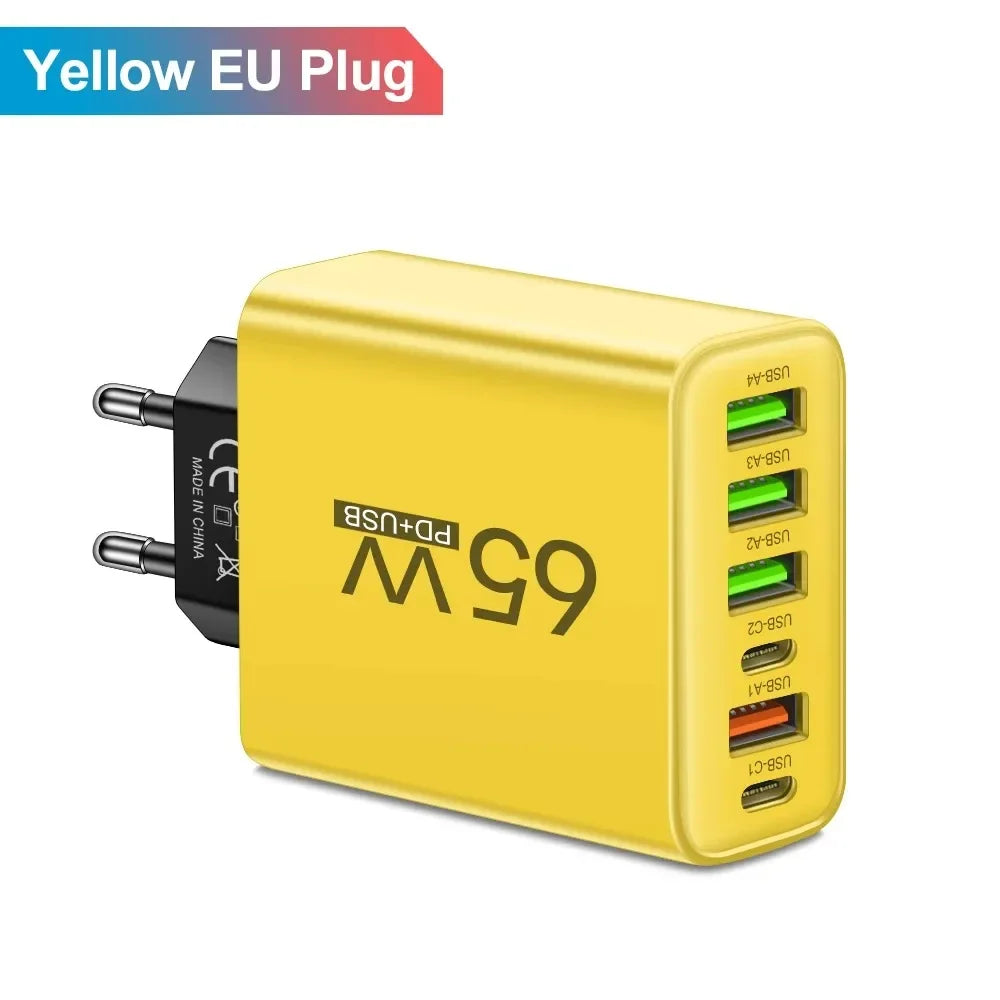 6 Ports 65W USB PD Charger Fast Charging Type C Phone Charger Adapter For iPhone Samsung Xiaomi USB C Quick Charge Wall Charger
