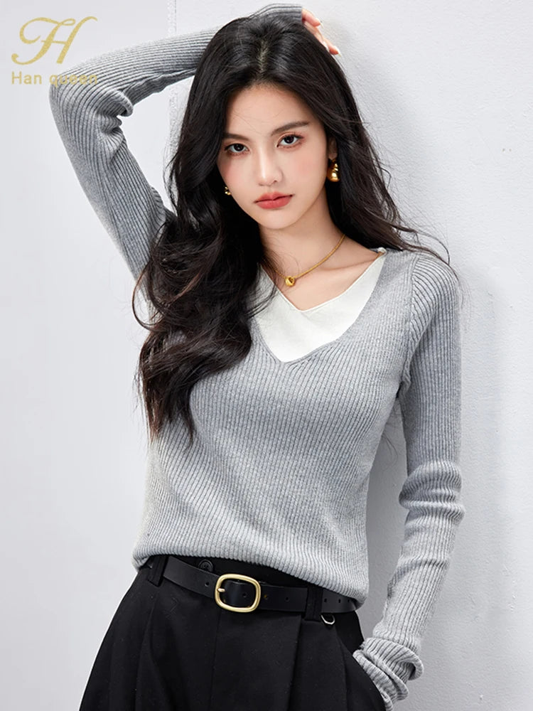 H Han Queen Autumn Winner Pullovers Sweaters Color Blocking Women Vintage Casual Tops Long Sleeve Knitwear Sweater