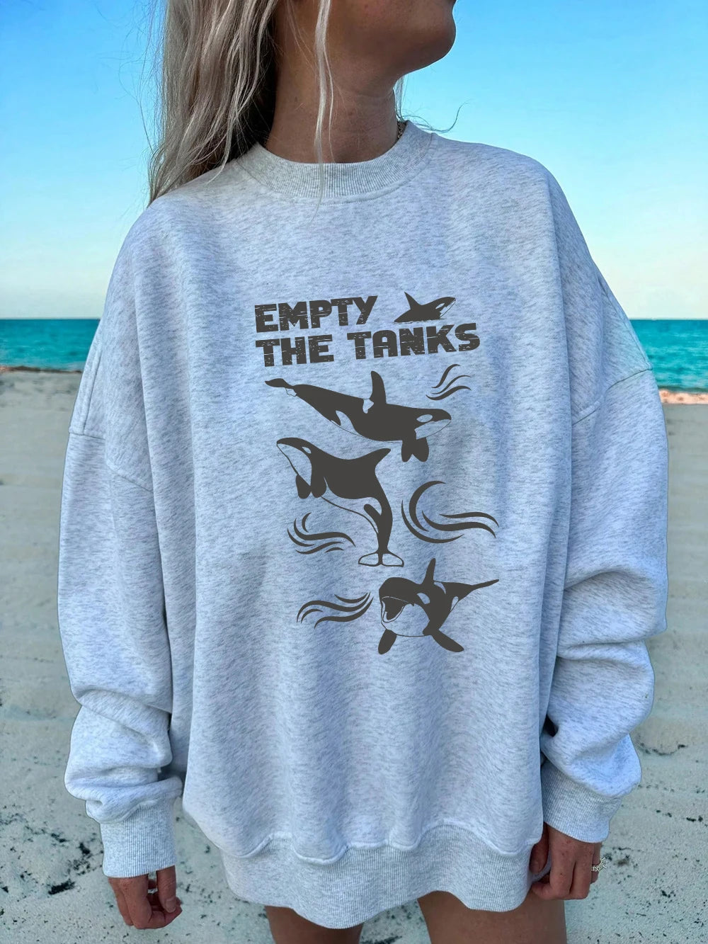 Empty The Tanks Dolphin Printed Sweatshirts Womens Winter Fleece Warm Hoodies Crewneck Loose Pullovers Basics Sporty Clothes