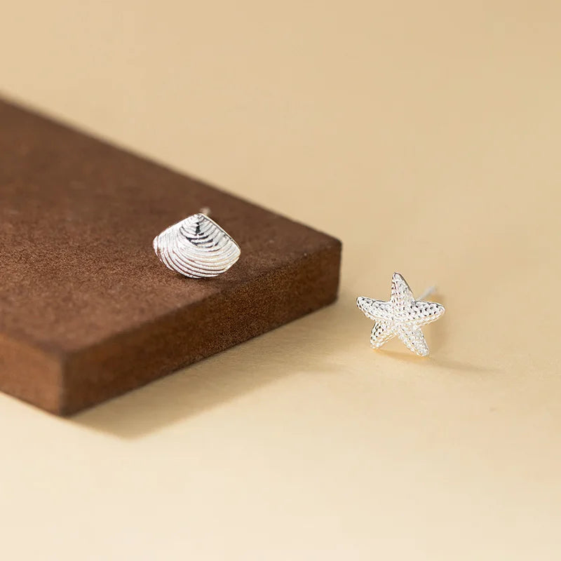 INZATT Real 925 Sterling Silver Asymmetric Starfish Shells Mini Stud Earrings for Women Classic Fine Jewelry Animal Accessory
