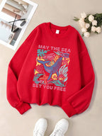 May The Sea Set You Free Printed Sweatshirts Womens Winter Fleece Warm Hoodies Crewneck Loose Pullover Basics Sporty Clothes