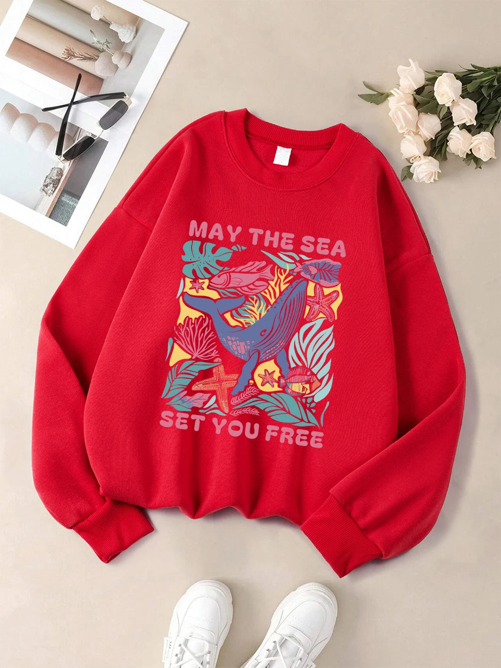 May The Sea Set You Free Printed Sweatshirts Womens Winter Fleece Warm Hoodies Crewneck Loose Pullover Basics Sporty Clothes
