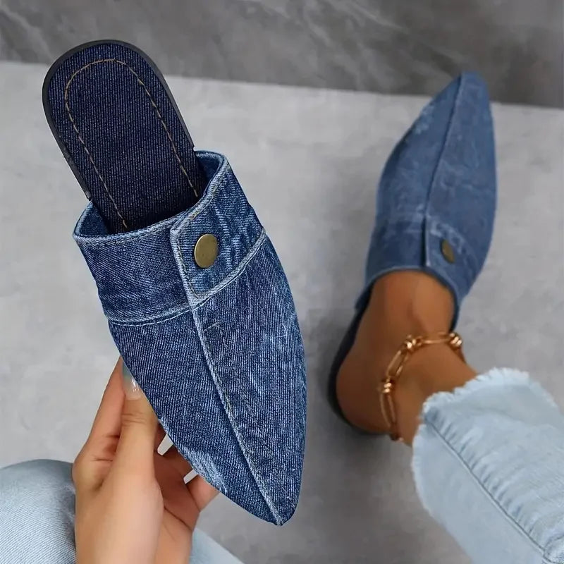 Women Slippers New Pointed Toe Denim Flat Bottom Half Slippers Women Fashion Large Size Sandals Slides Women Zapatos De Mujer