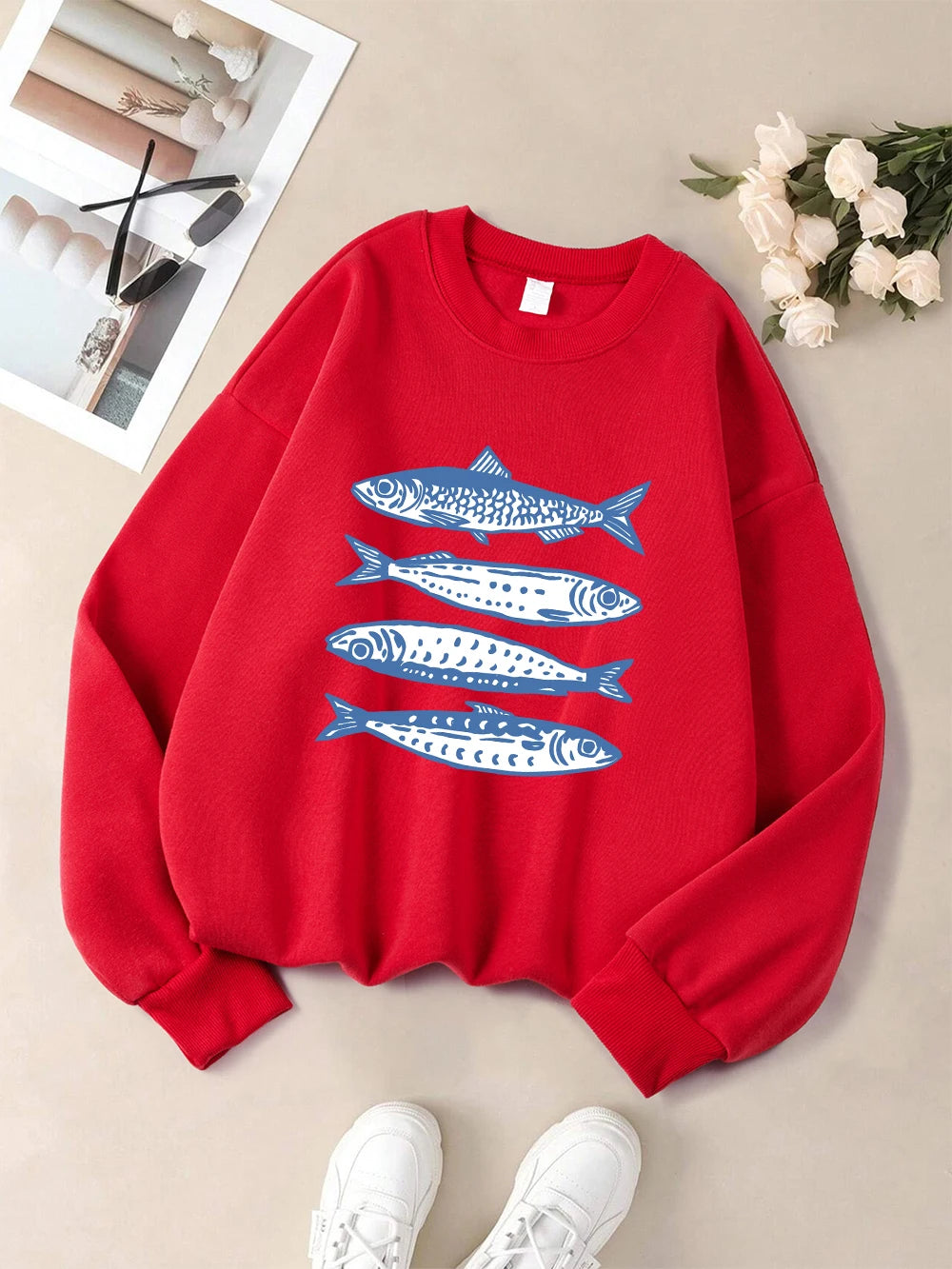 Sardines Blue Printing Sweatshirts Womens Crewneck Basics Hoodies Loose Fleece Warm Pullover Winter Comfortable Womans Clothes