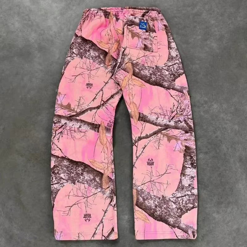 Y2K Retro Hoodie Men Pink Branch Print Camouflage Pattern Sweatshirt High Street Hip Hop Streetwear Goth Camo Hoodie Unisex Coat