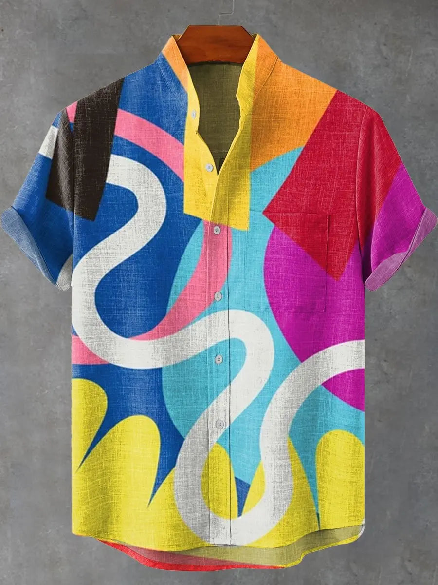 Men's summer casual fashion graffiti hip-hop style pattern linen short sleeved shirt high-quality button top