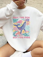May The Sea Set You Free Printed Sweatshirts Womens Winter Fleece Warm Hoodies Crewneck Loose Pullover Basics Sporty Clothes