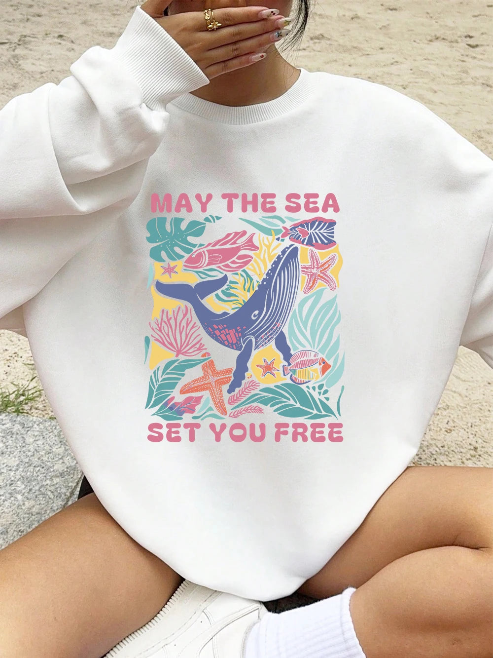 May The Sea Set You Free Printed Sweatshirts Womens Winter Fleece Warm Hoodies Crewneck Loose Pullover Basics Sporty Clothes