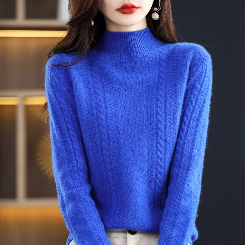 Chic Autumn Winter Soft Sophisticated Sweater Women's Mock Neck Pullover 100% Merino Wool Knitwear Solid Color Casual Tops