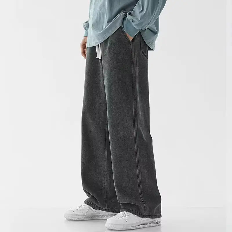 Fashion Men's Solid Color Drape Jeans Loose Straight Korean Vintage High Street Hip-hop Y2K Casual Daily Dragging Wide-leg Pants