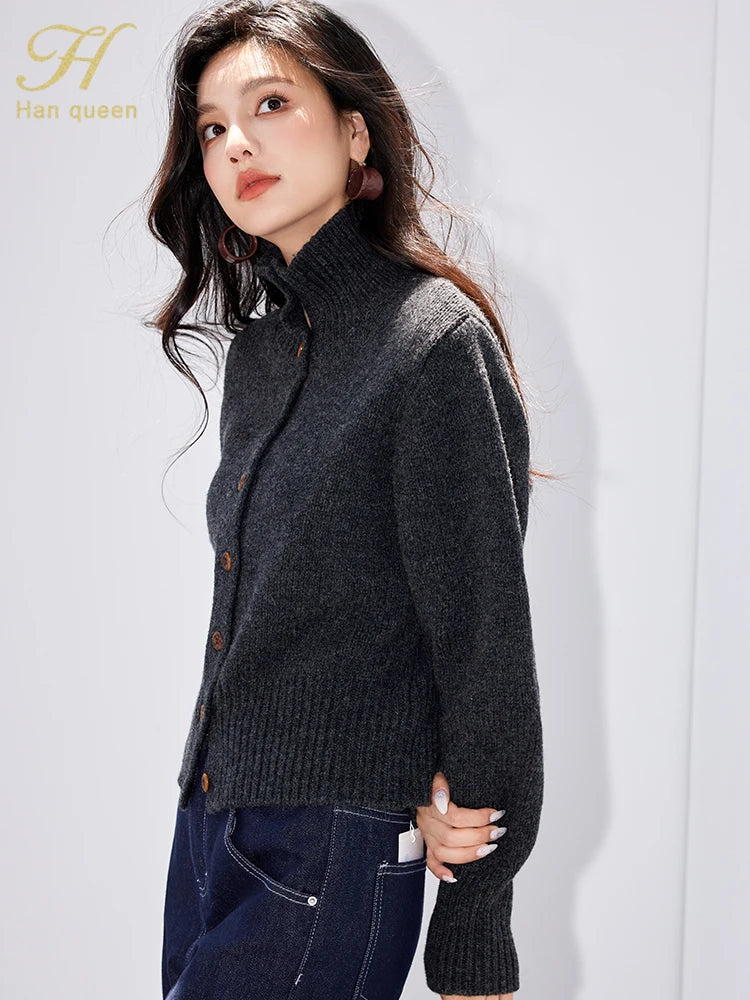 H Han Queen Winter Cardigan Sweater Thickened Warm Lazy Wind Soft Sticky Women's Fashion O-Neck Elastic Vintage Sweaters Tops