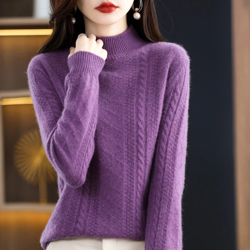 Chic Autumn Winter Soft Sophisticated Sweater Women's Mock Neck Pullover 100% Merino Wool Knitwear Solid Color Casual Tops