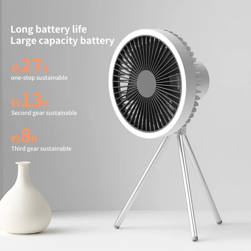 10000mAh Camping Fan Rechargeable Desktop Portable Circulator Wireless Ceiling Electric Fan with Power Bank LED Lighting