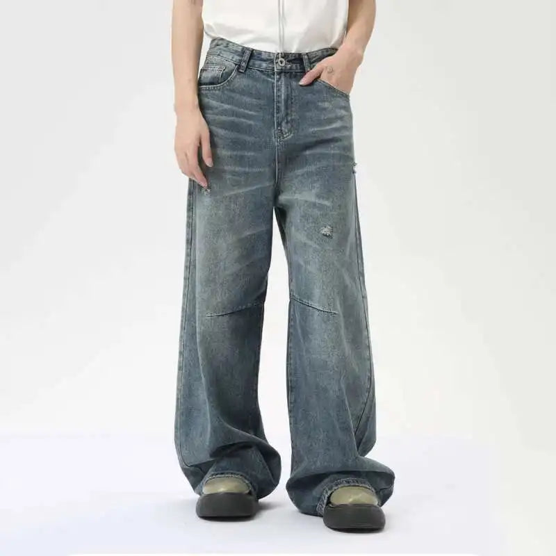IEFB American Style Men's Denim Pants Washing Fashion Loose Men's Straight Trousers Casual Wide Leg Jeans New Summer 2024 9C6303