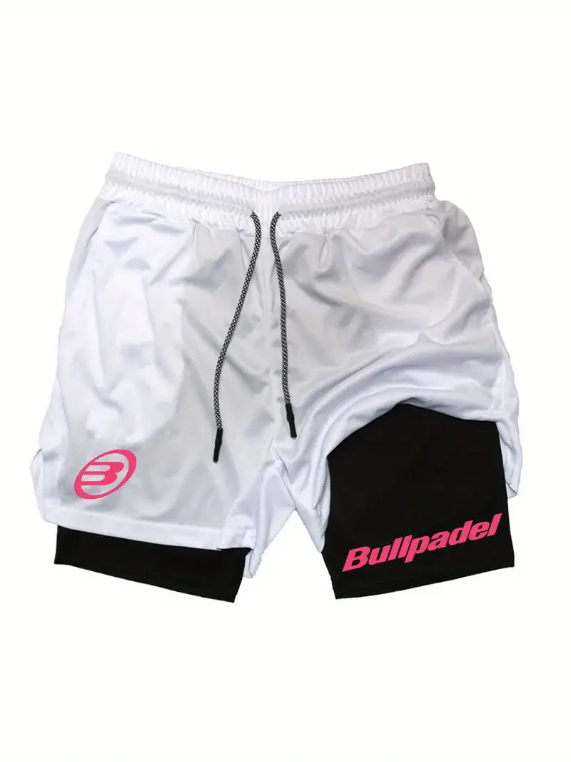 Men's tight fitting sports shorts, BULLPADEL printed sports pants, double-layer, quick drying, basketball, beach, muscle, fitnes