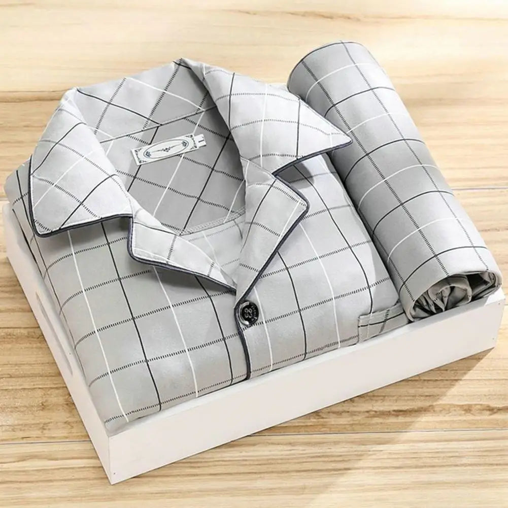 Comfy Milk Silk Loungewear Stylish Men's Fall Winter Pajama Set Striped Plaid Print Color Matching Lapel Single-breasted Long
