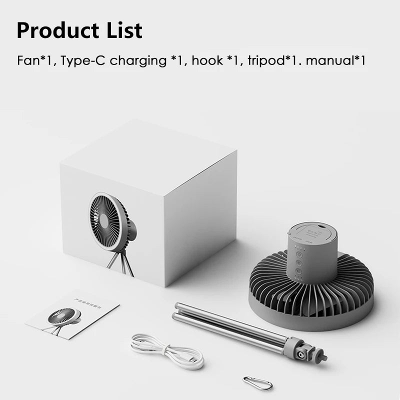 10000mAh Camping Fan Rechargeable Desktop Portable Circulator Wireless Ceiling Electric Fan with Power Bank LED Lighting