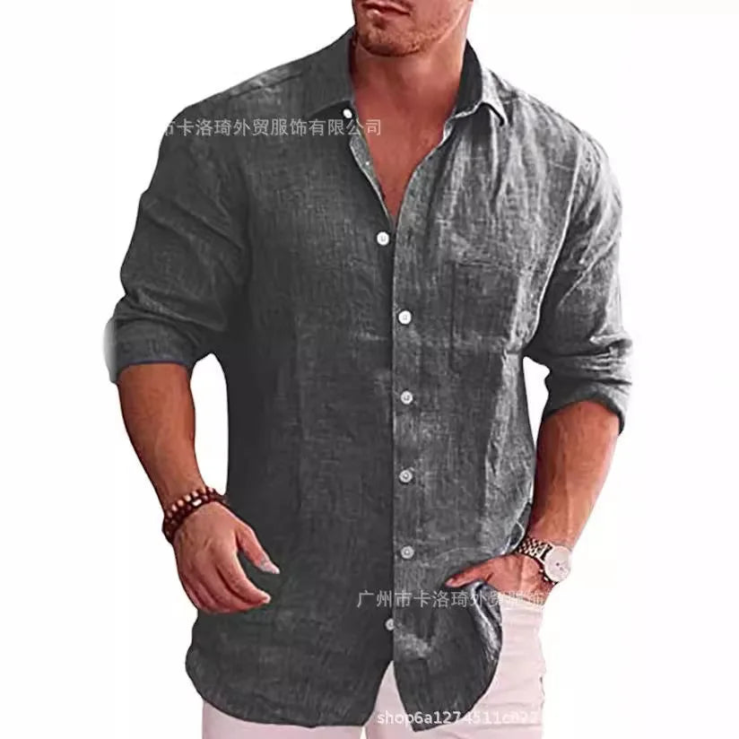 Casual Men Blouse Shirts Slim Turn Down Collar Long Sleeve Button Pocket Flax Business Tops NMD-6653