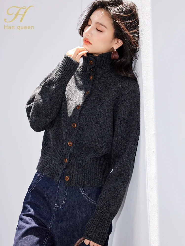 H Han Queen Winter Cardigan Sweater Thickened Warm Lazy Wind Soft Sticky Women's Fashion O-Neck Elastic Vintage Sweaters Tops