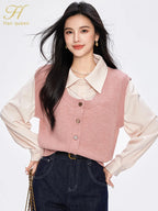H Han Queen Pullover Sweaters Women Pink Fashion Buttons Elegant Patchwork Knitwear Simple Office Casual Sweater Reviews