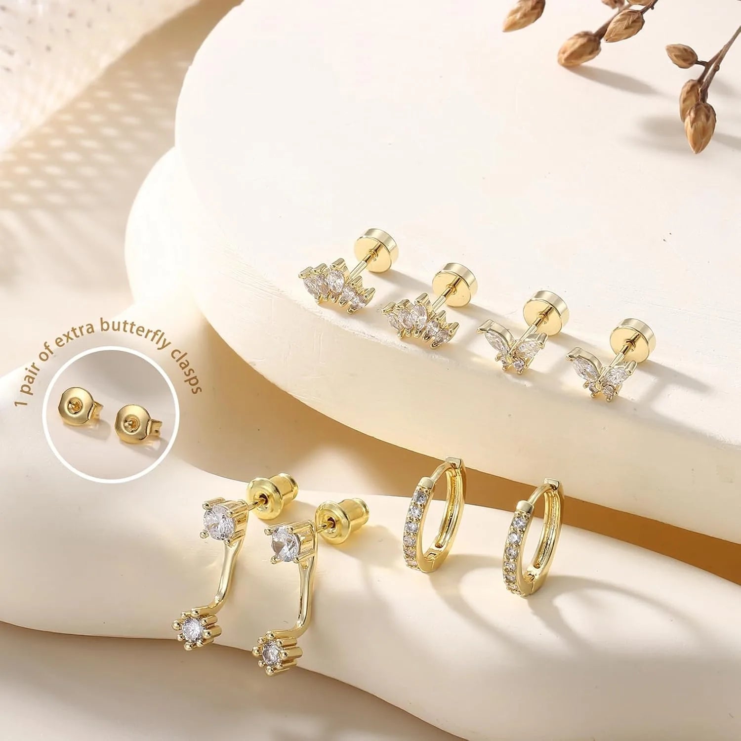 Florideco 4Pairs Dainty Earrings for Women Stud Hoops Surgical Steel Flat Back Studs Stacks Cartilage Set for Multiple Piercings