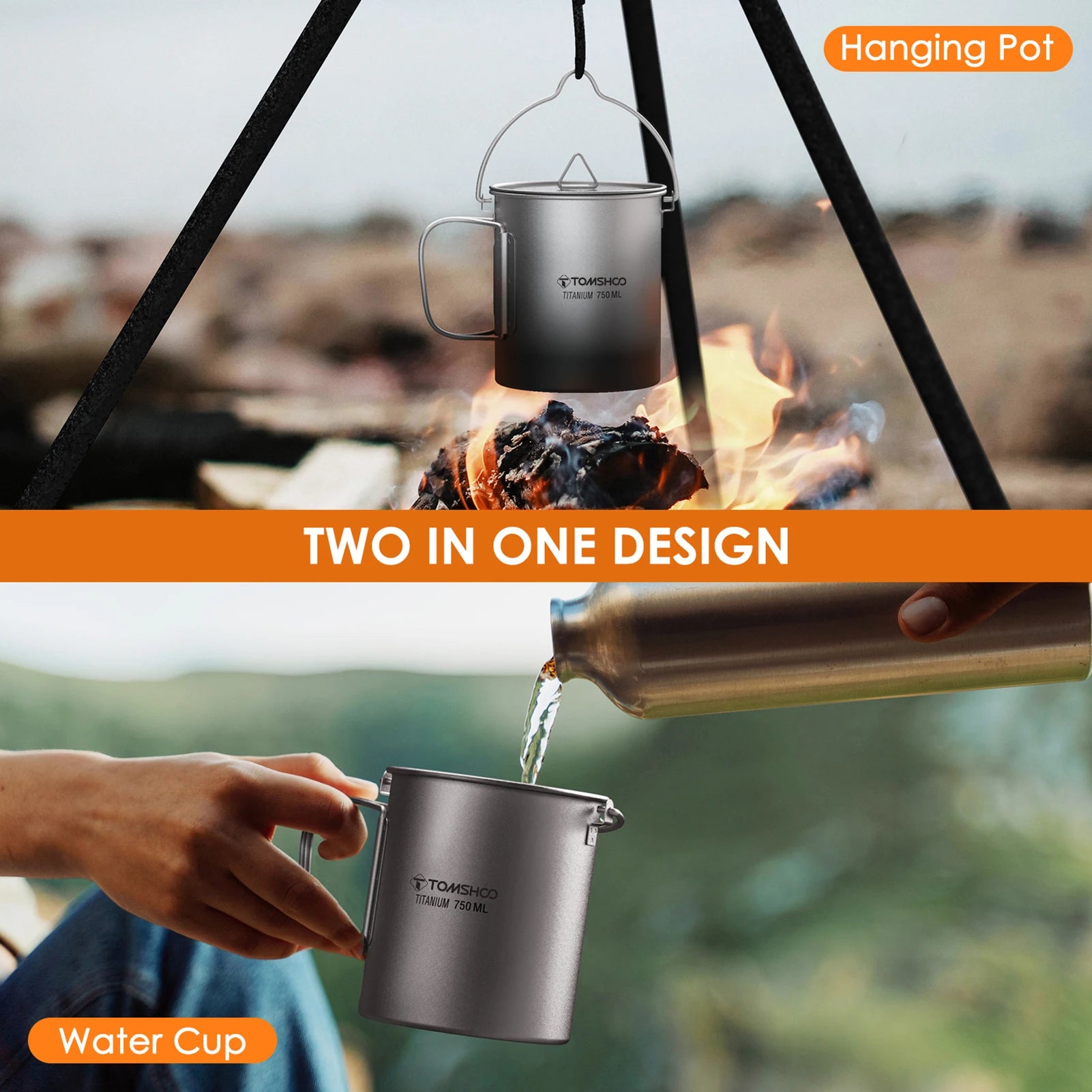 TOMSHOO Ultralight 750ml Titanium Pot Portable Titanium Water Mug Cup with Lid and Foldable Handle Outdoor Camping Cooking