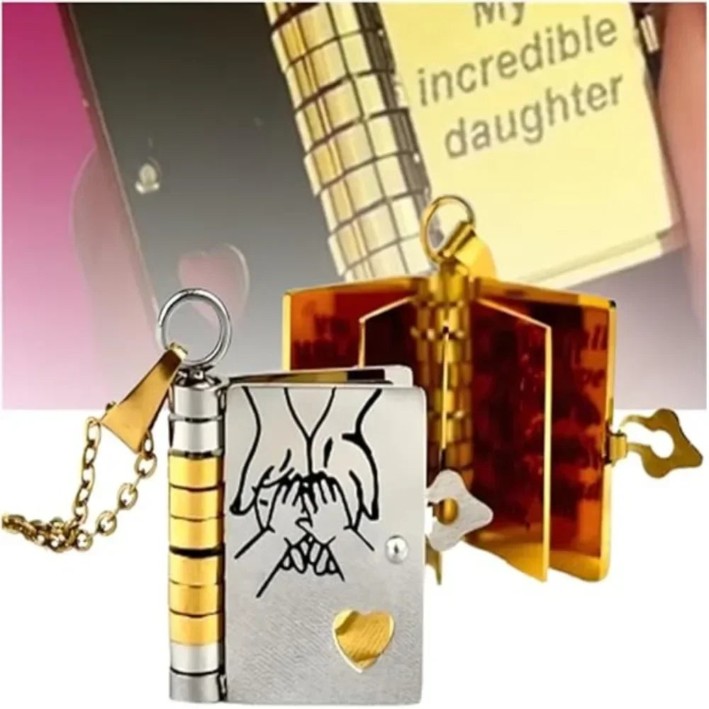 Openable Daughter Book Necklace Stainless Steel Gold Color Message Mini Book Pendant Necklace with Pages of Engraved Information