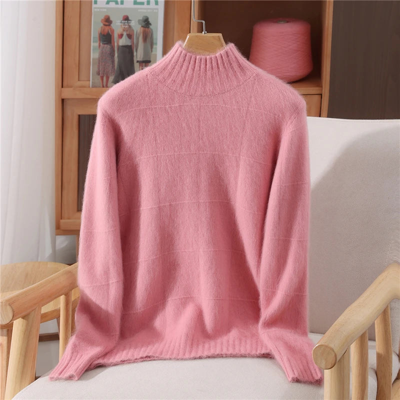 Pullover Warm Soft Sweater Casual Loose Women's Mock Neck Autumn Winter Long sleeves 100% Mink Cashmere Exquisite Clothing Tops