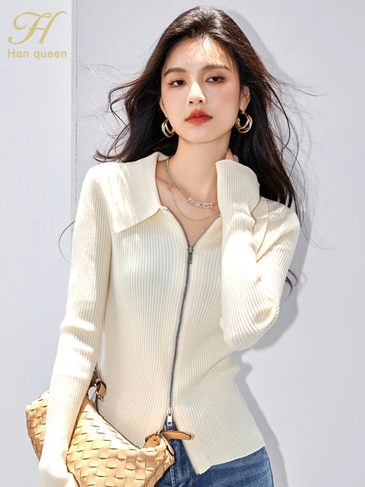 H Han Queen Elegant Basic Cardigan Sweaters Simple Fashion Zip Knitwear Women Long Sleeve Sweater Reviews Many Clothes Outer