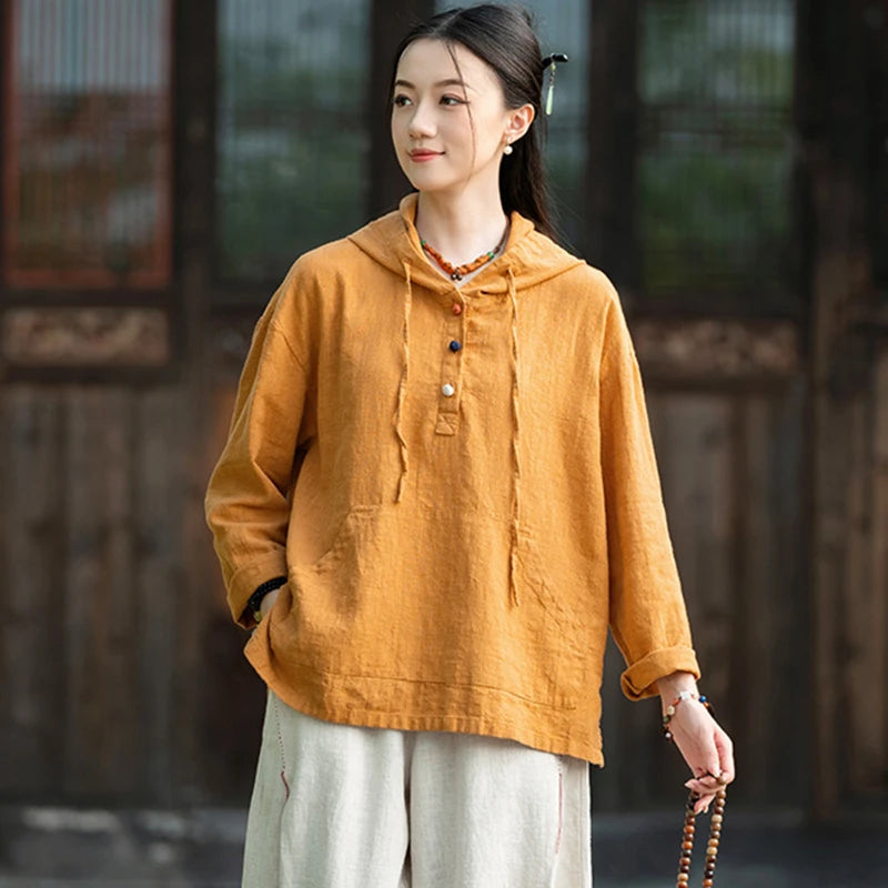 Women Cotton Linen Casual Hoodies New Arrival 2025 Autumn Vintage Style Plain Color Female Long Sleeve Hooded Pullovers M1838
