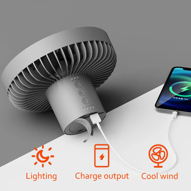10000mAh Camping Fan Rechargeable Desktop Portable Circulator Wireless Ceiling Electric Fan with Power Bank LED Lighting