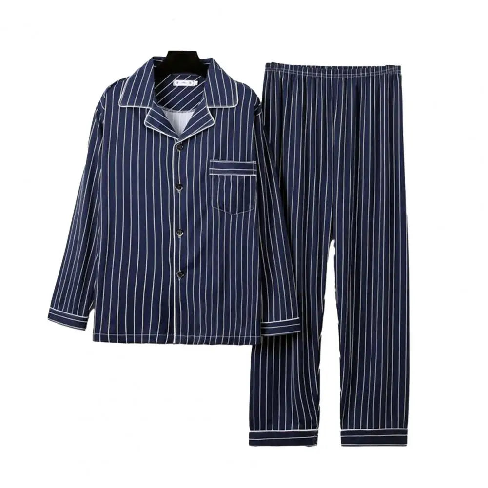 Comfy Milk Silk Loungewear Stylish Men's Fall Winter Pajama Set Striped Plaid Print Color Matching Lapel Single-breasted Long