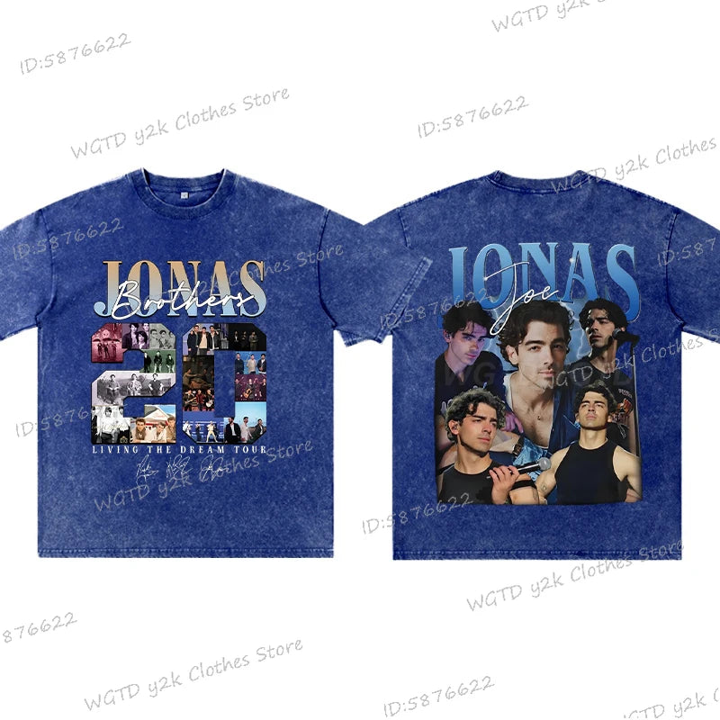 Vintage Jonas Bros 20th Annivesary Tour 2025 Print T-Shirt Short Sleeve Washed Tee Summer Women Men Shirt Casual Cotton Clothing