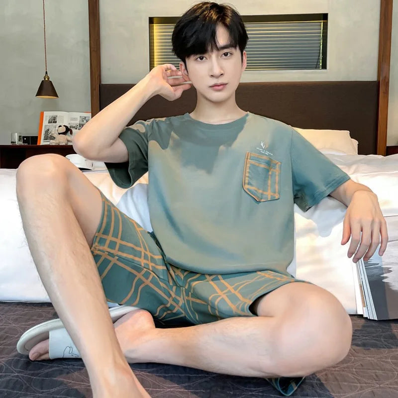 Men's Summer Pajamas Loungewear Set Round Neck Short Sleeve Thin Teen Men New Cartoon Casual Student Pajamas Loungewear Set