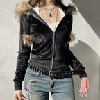 Goth Dark 90s Aesthetic Soft Velvet Zip Sweatshirt Hoodie Cyber Y2K Faux Collar Pocket Hooded Coats Women Slim Streetwear Gothic