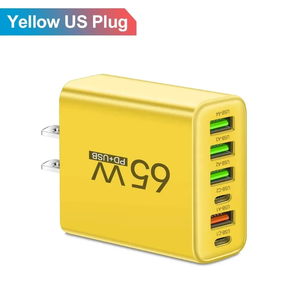 6 Ports 65W USB PD Charger Fast Charging Type C Phone Charger Adapter For iPhone Samsung Xiaomi USB C Quick Charge Wall Charger