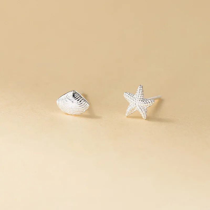 INZATT Real 925 Sterling Silver Asymmetric Starfish Shells Mini Stud Earrings for Women Classic Fine Jewelry Animal Accessory