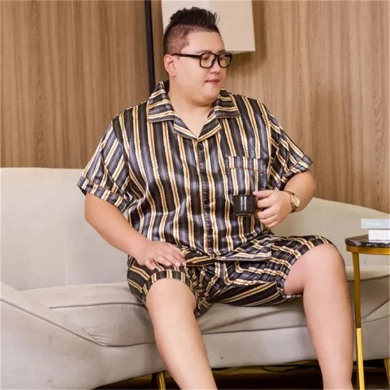 160kg 5XL Plus Size Satin Loose Loungewear Men Short Sleeve Ice Silk Pajama Button Down 2-Piece Pjs Set Sleepwear Home Clothes