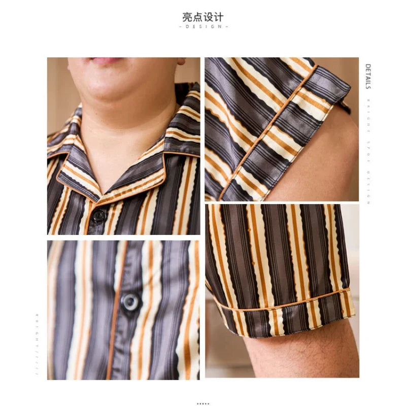 160kg 5XL Plus Size Satin Loose Loungewear Men Short Sleeve Ice Silk Pajama Button Down 2-Piece Pjs Set Sleepwear Home Clothes
