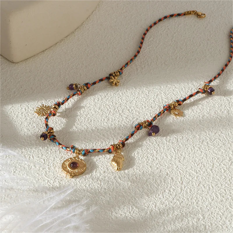 Miranda Fashion Rope Braided Handmade Necklace Drop Natural Stone Devil's Eye Heart Stainless Steel Accessories Popular Jewelry