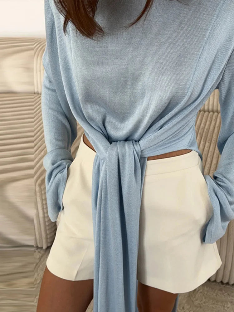 Chic Bow Lace Up Solid Sweater For Women Ribbons O-neck Full Flare Sleeve Tops 2025 Autumn Elegant Female Daily Casual Outerwear