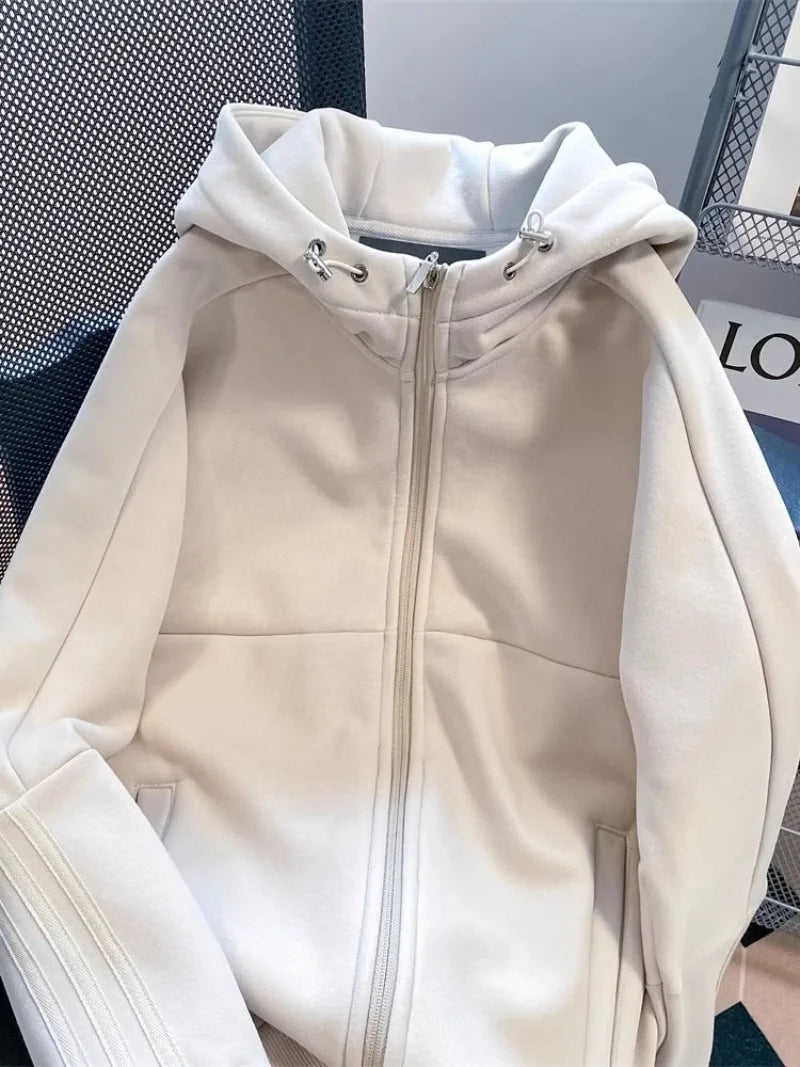 American Style Oversize Jacket Women Lazy Hooded Zipper Hoodies Autumn Winter Coat Female Long Sleeve Outerwear Zipper Cardigan