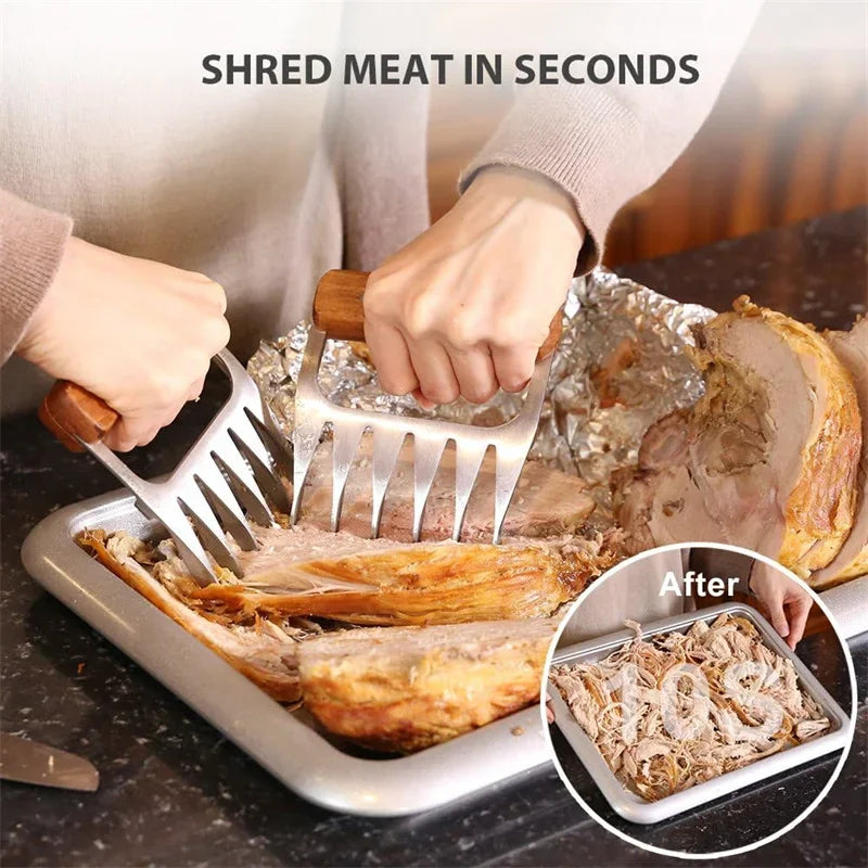 Metal Meat Shredder Claws, 18/8 Stainless Steel Meat Forks with Wooden Handle for Shredding, Pulling, Handing, Lifting & Serving