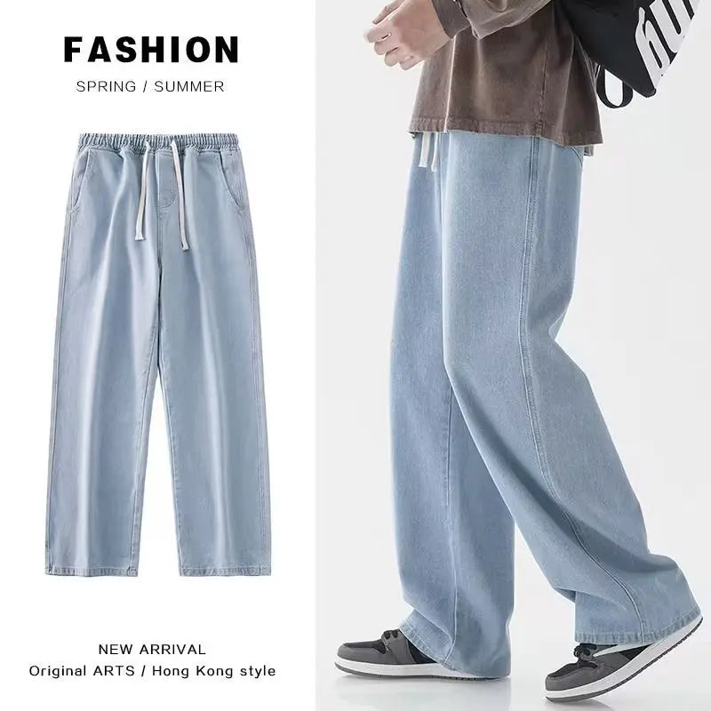 Fashion Men's Solid Color Drape Jeans Loose Straight Korean Vintage High Street Hip-hop Y2K Casual Daily Dragging Wide-leg Pants