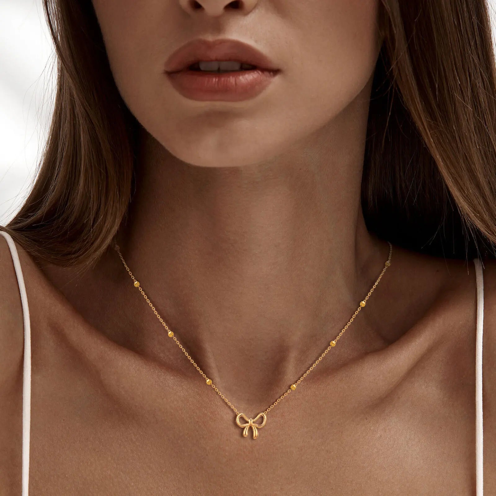 Vnox Sweet Bowknot Necklaces Finger Band Ear Jewelry, Gold Plated Simple Metal Knot Collar, Fashion Gift to Mom Girlfriend