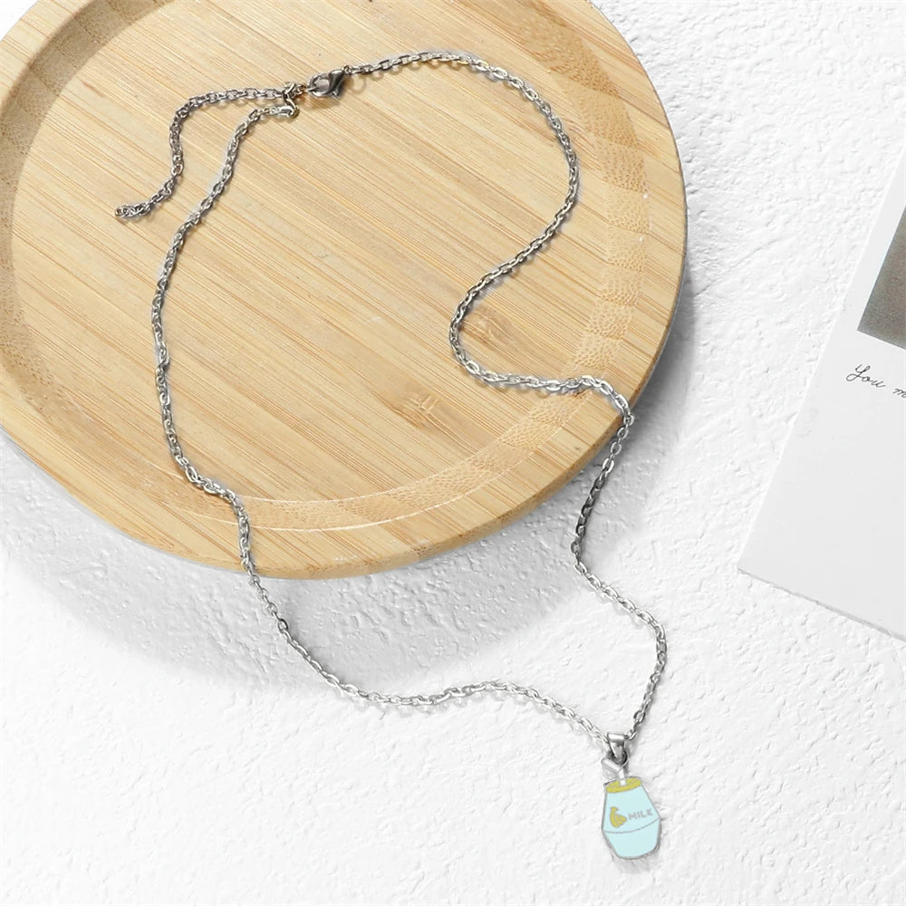 Cartoon Banana Milk Bottle Pendant Necklace with Lobster Clasp Protect Gold Silver Color Alloy Chain Jewelry Gift for Girl Women