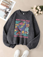 May The Sea Set You Free Printed Sweatshirts Womens Winter Fleece Warm Hoodies Crewneck Loose Pullover Basics Sporty Clothes